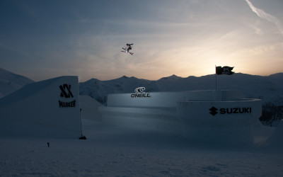 Jamie Crane-Mauzy jumps over the castle at the Nine Queens event in Livigno, Italy.