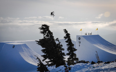 Julien Eustache double-corks over the signature feature at West Coast Session 8, Mount Hood, Oregon.