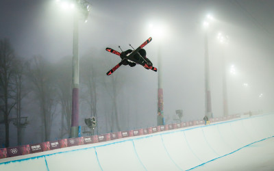 Jossi Wells warming up in the Rosa Khutor superpipe at the 2014 Winter Olympics in Sochi, Russia.