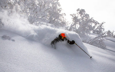 Garrett Russell skis fresh powder in Japan.