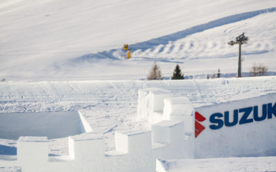 Coline Ballet-Baz throws a rodeo 540 over the Nine Queens castle in Serfaus, Austria