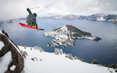 Simone Canal skis the crater rim at Crater Lake National Park, Oregon.
