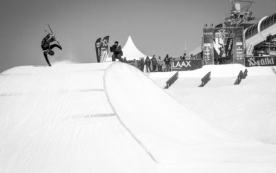 A competitor skis the slopestyle course at the Laax European Open