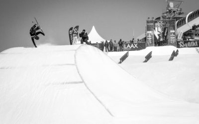 A competitor skis the slopestyle course at the Laax European Open